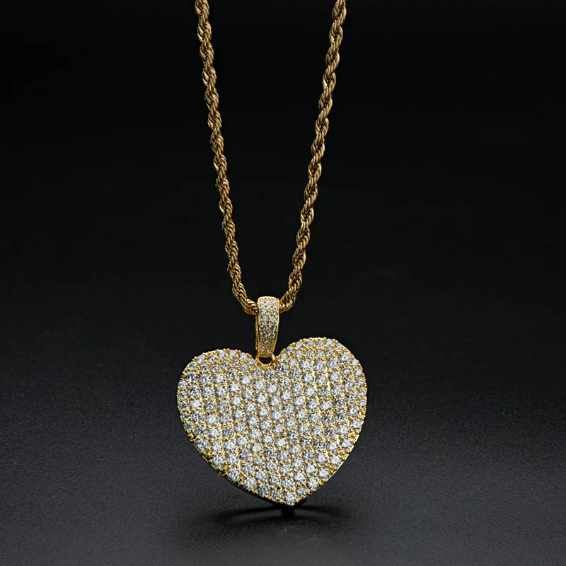 Created Diamond Heart Shaped Rope Chain Hip Hop Pendant Necklace
