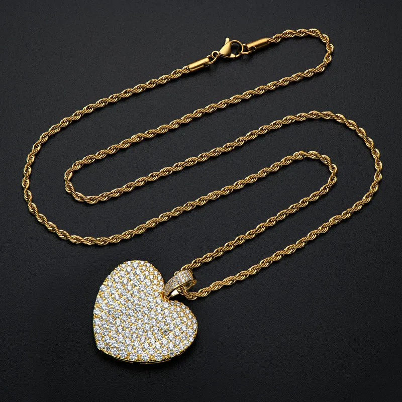 Created Diamond Heart Shaped Rope Chain Hip Hop Pendant Necklace