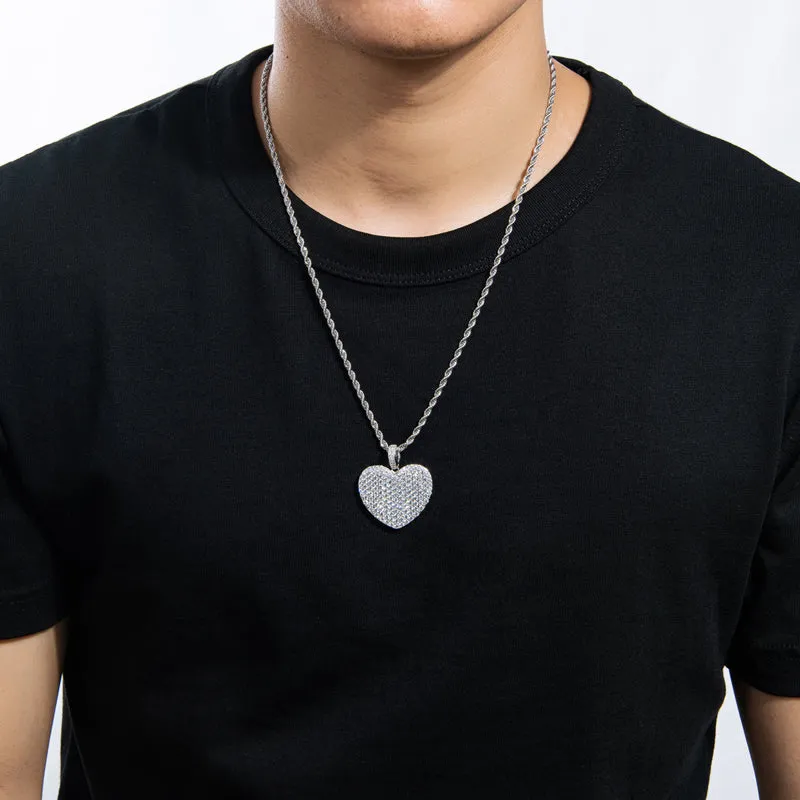 Created Diamond Heart Shaped Rope Chain Hip Hop Pendant Necklace