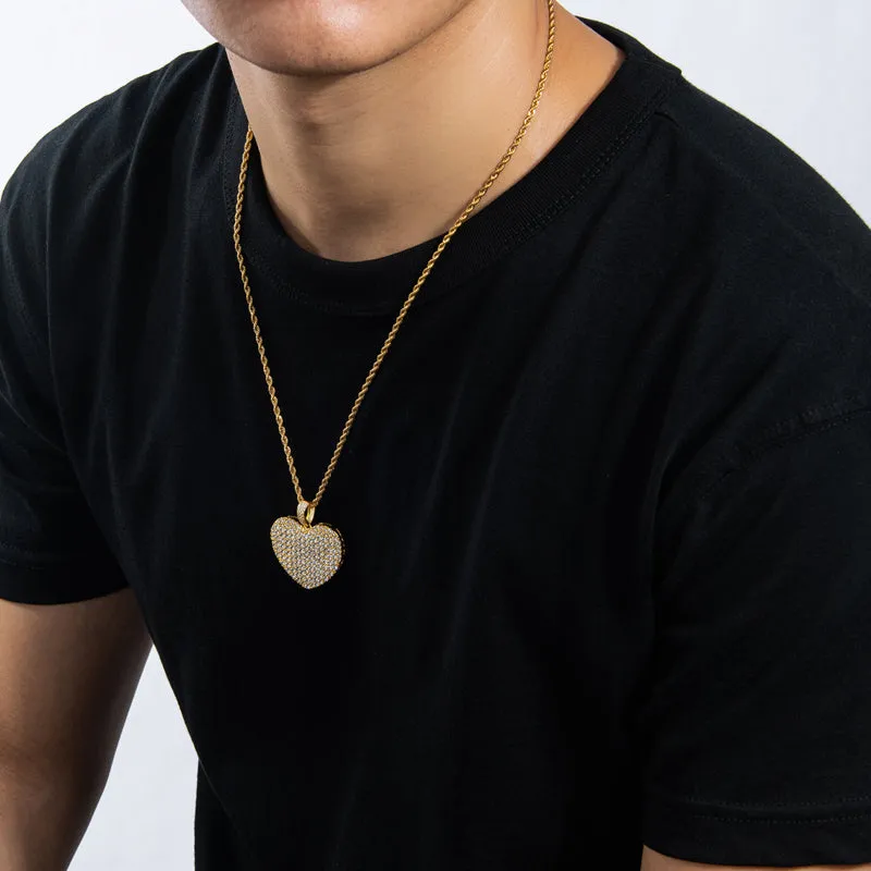 Created Diamond Heart Shaped Rope Chain Hip Hop Pendant Necklace