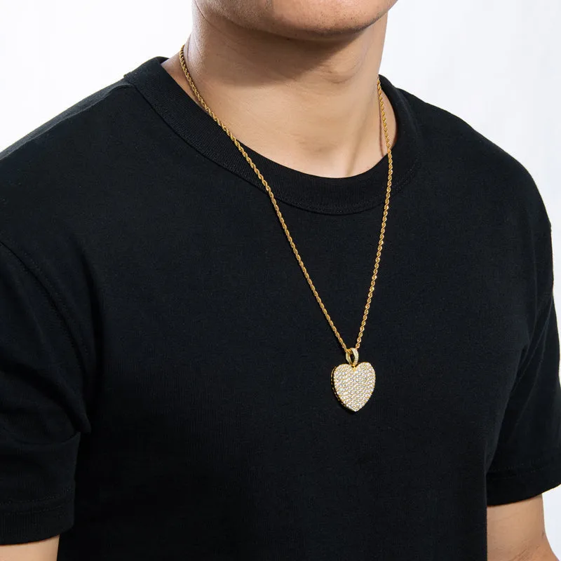 Created Diamond Heart Shaped Rope Chain Hip Hop Pendant Necklace