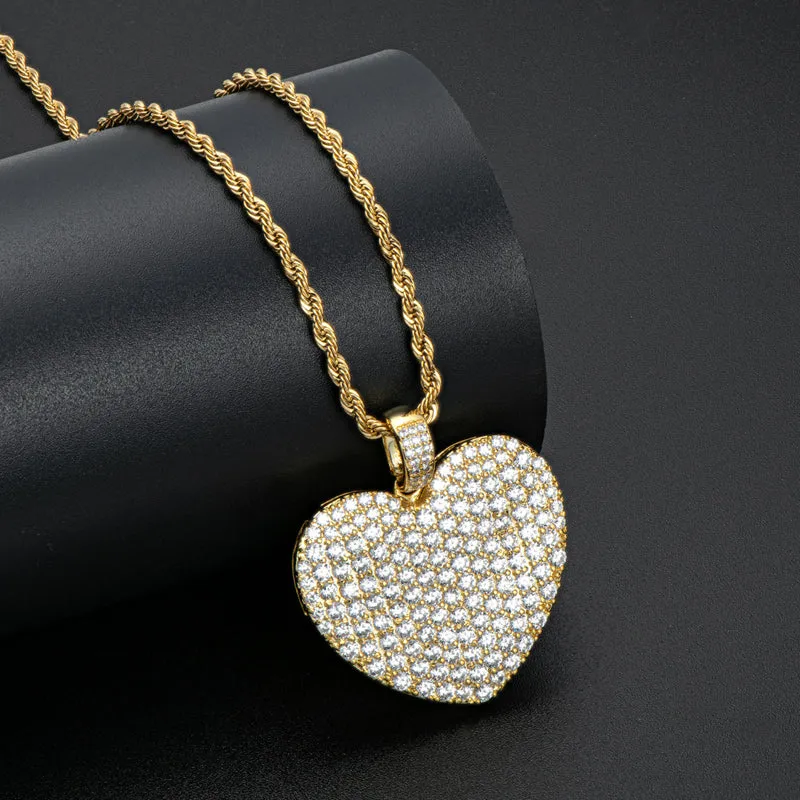 Created Diamond Heart Shaped Rope Chain Hip Hop Pendant Necklace