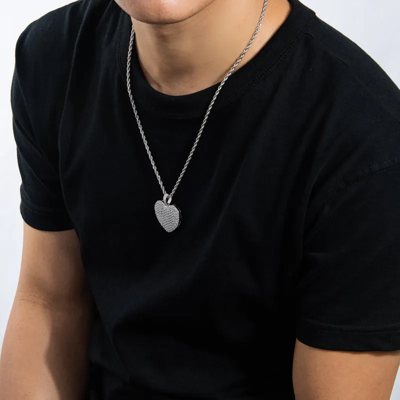 Created Diamond Heart Shaped Rope Chain Hip Hop Pendant Necklace