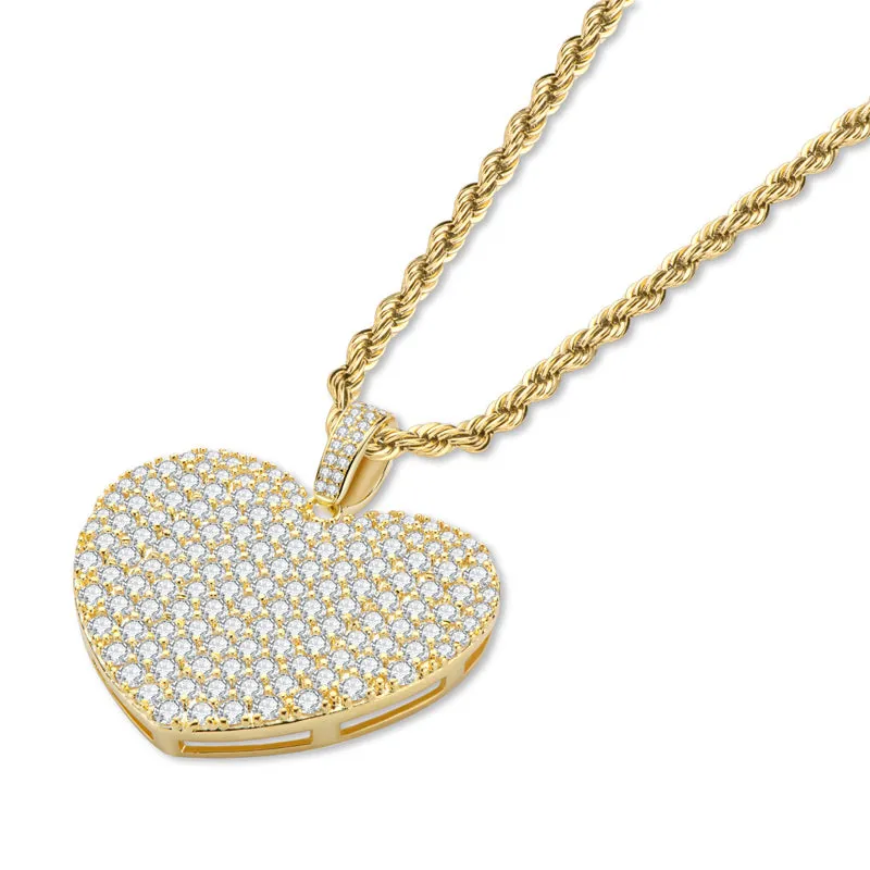 Created Diamond Heart Shaped Rope Chain Hip Hop Pendant Necklace