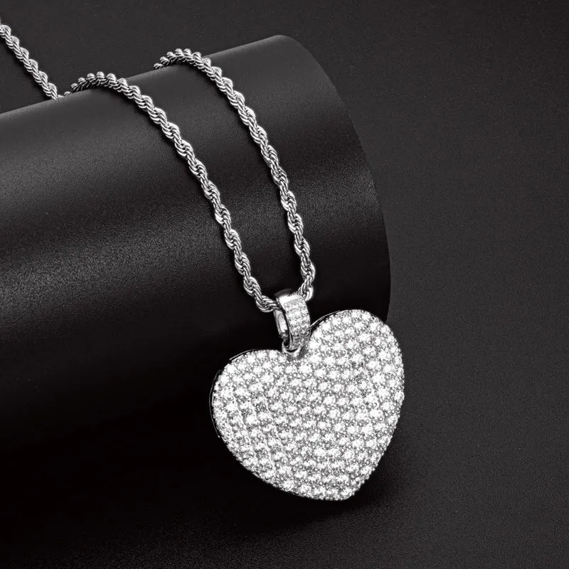 Created Diamond Heart Shaped Rope Chain Hip Hop Pendant Necklace
