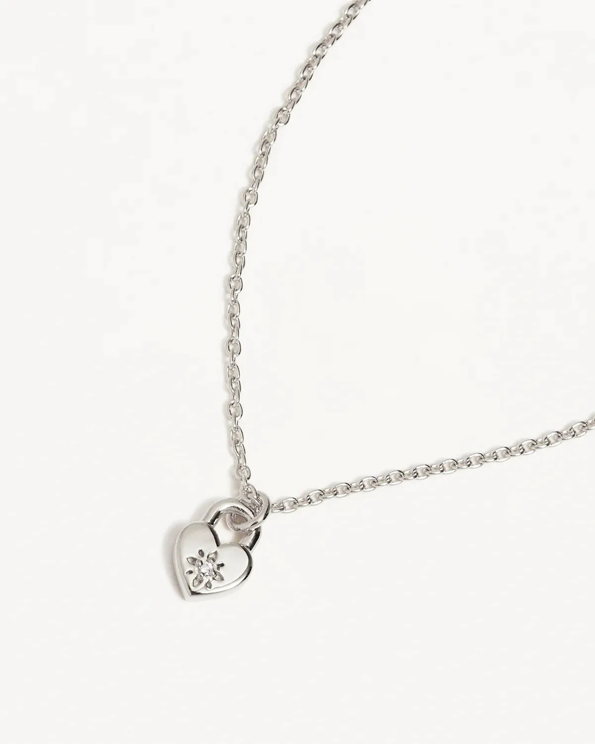 Crystal Lotus Heart Padlock Necklace - Silver