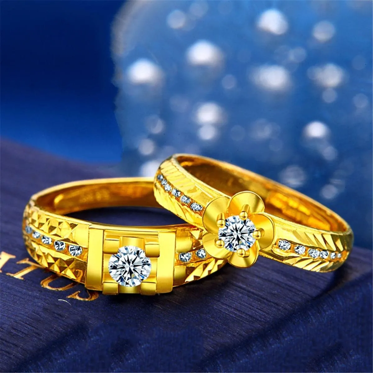 Cubic Zirconia & 18K Gold-Plated Flower Ring Set