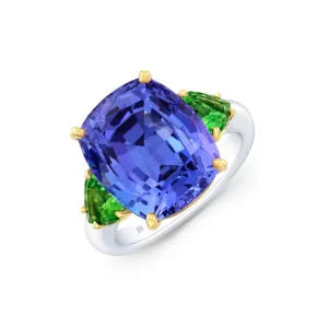 Cushion Cut 10.95 ct Platinum Tanzanite and Green Tourmaline Heart Ring