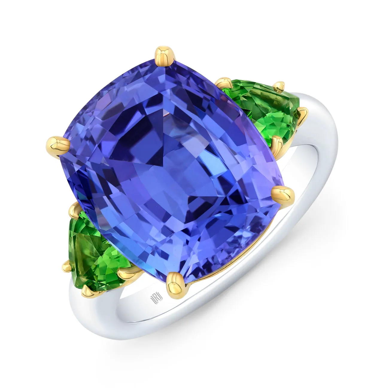Cushion Cut 10.95 ct Platinum Tanzanite and Green Tourmaline Heart Ring