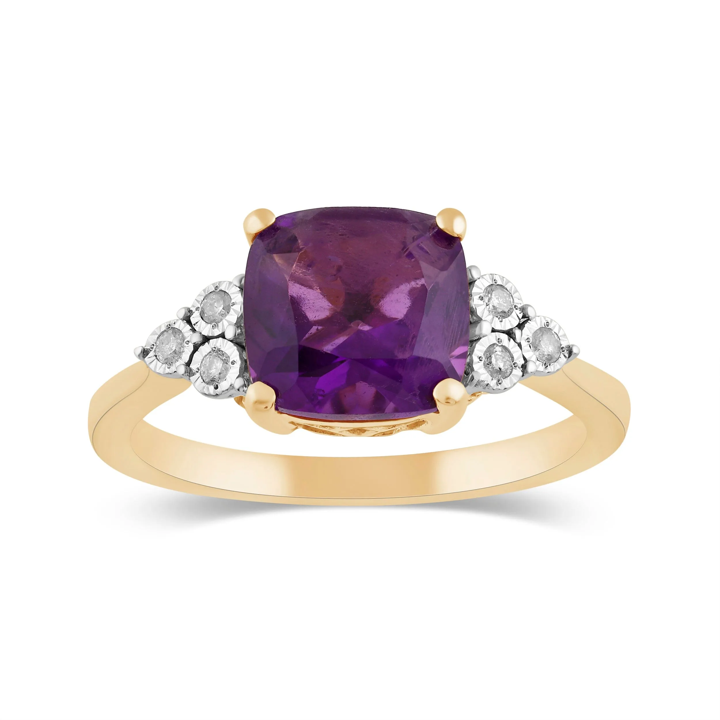 Cushion Cut Amethyst Ring with 0.05ct of Diamonds in 9ct Yellow Gold