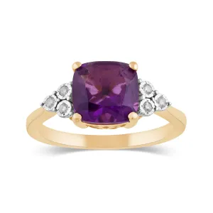 Cushion Cut Amethyst Ring with 0.05ct of Diamonds in 9ct Yellow Gold
