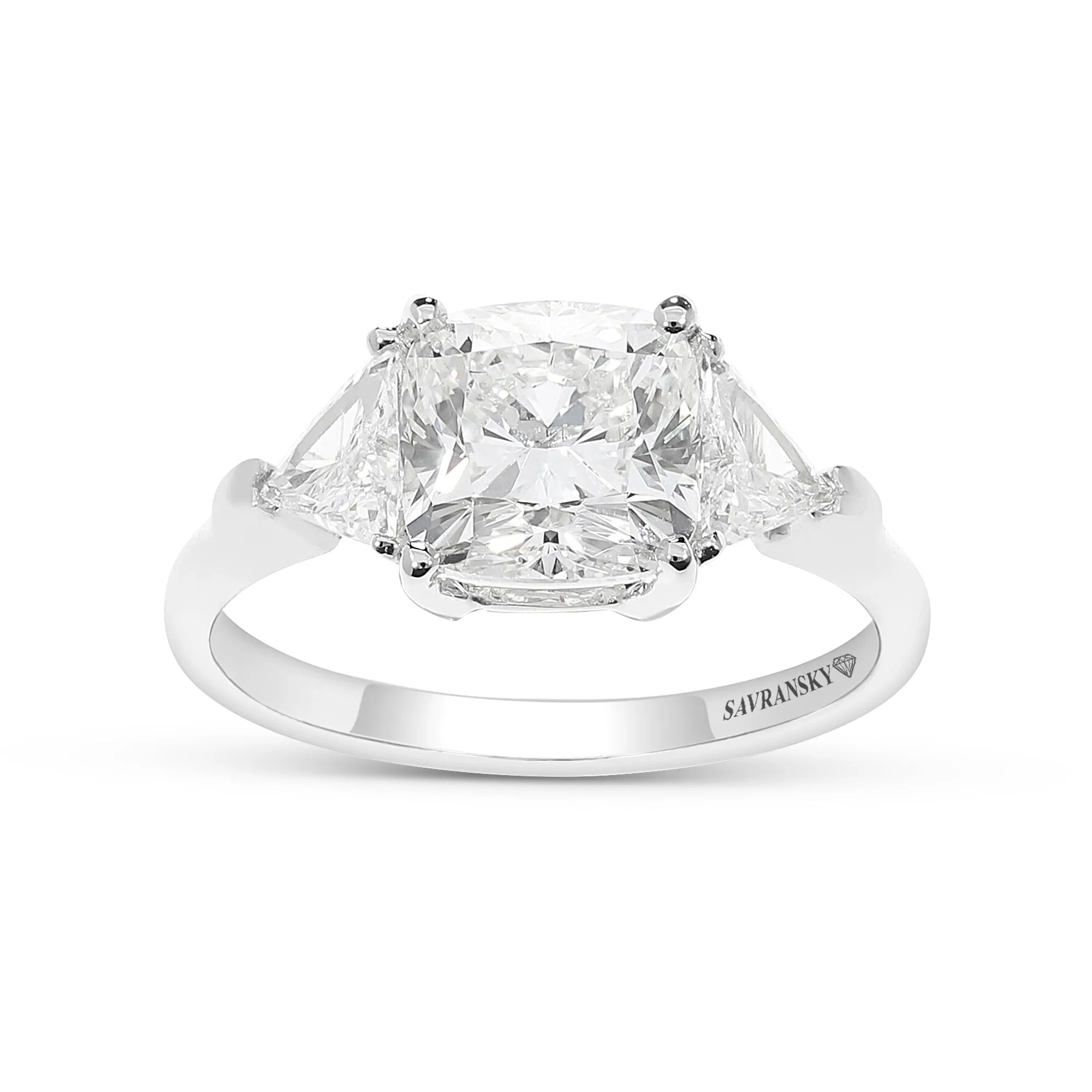 Cushion Cut Engagement Ring Featuring Trilliant Side Stones