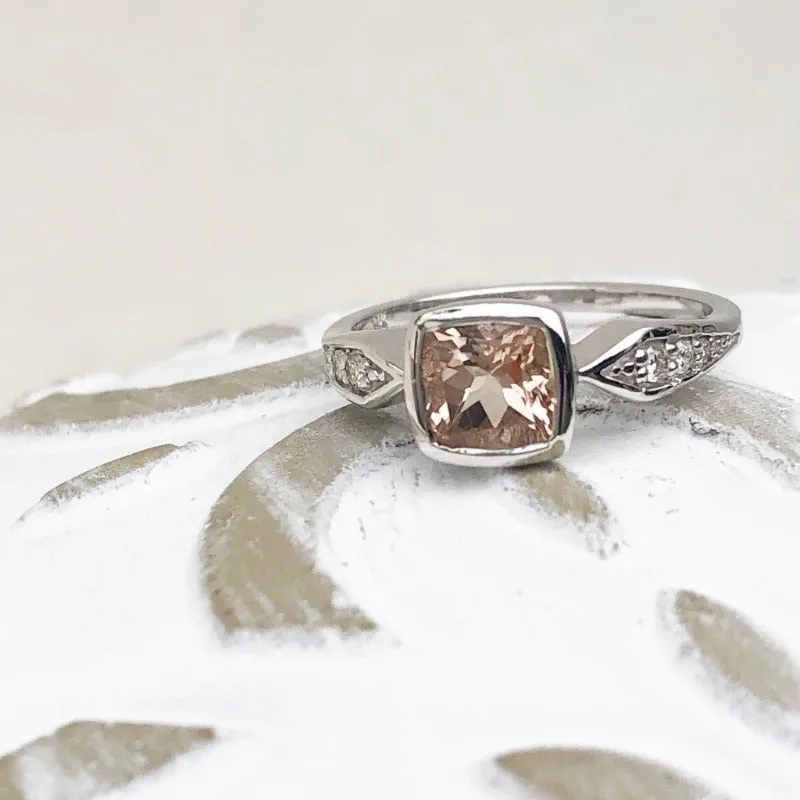 Cushion Cut Morganite Ring Tapered Diamond Shoulders