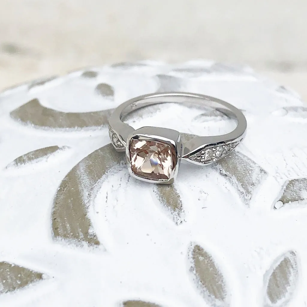 Cushion Cut Morganite Ring Tapered Diamond Shoulders