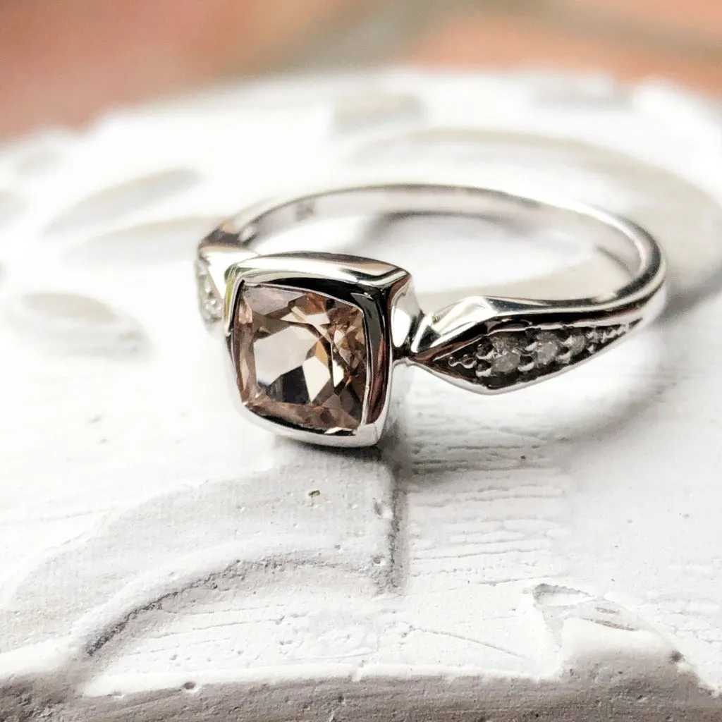 Cushion Cut Morganite Ring Tapered Diamond Shoulders