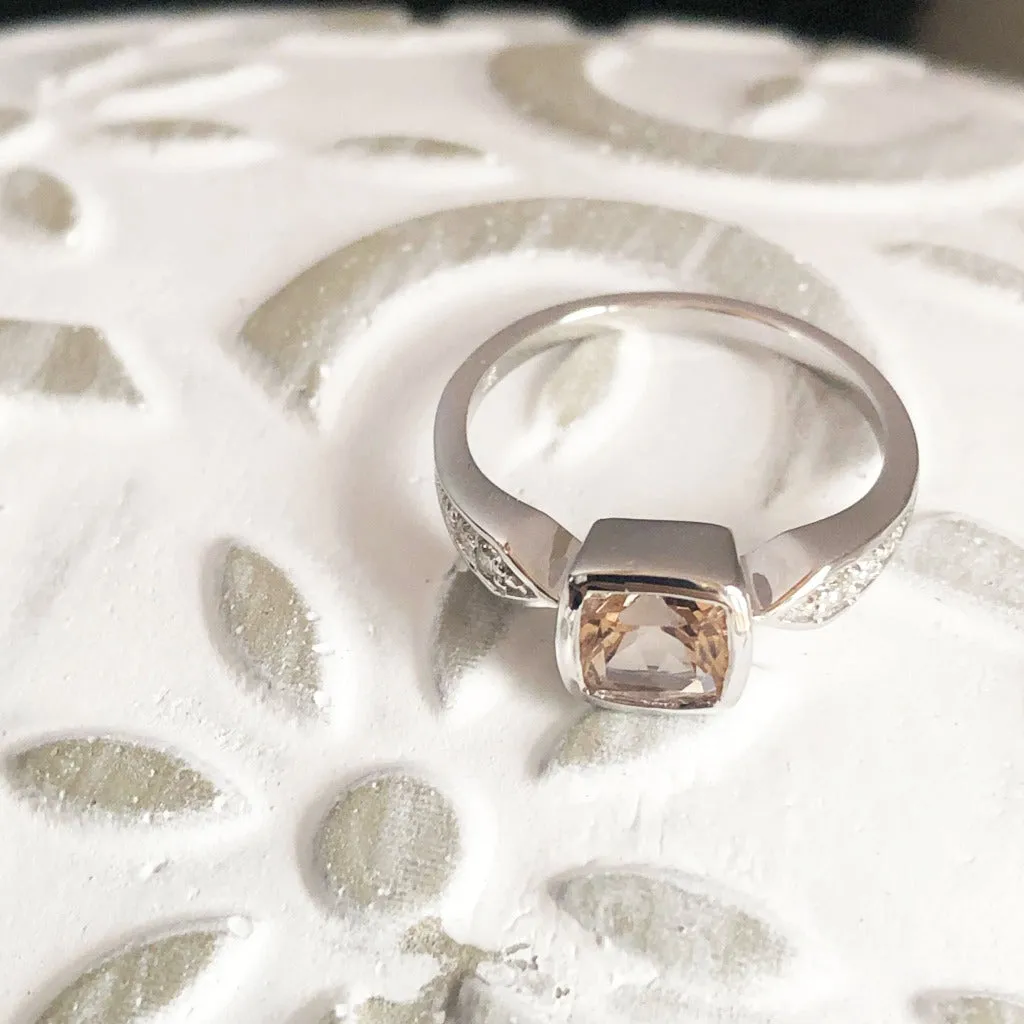 Cushion Cut Morganite Ring Tapered Diamond Shoulders