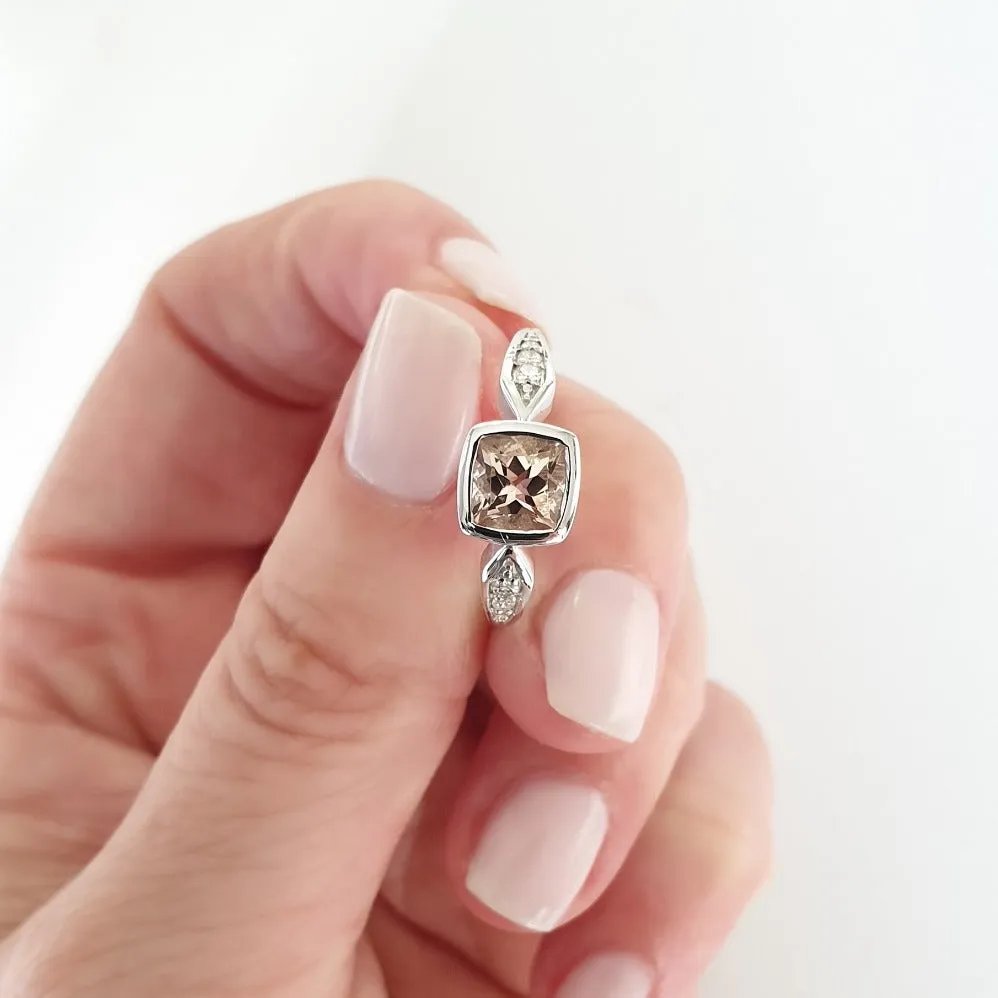 Cushion Cut Morganite Ring Tapered Diamond Shoulders