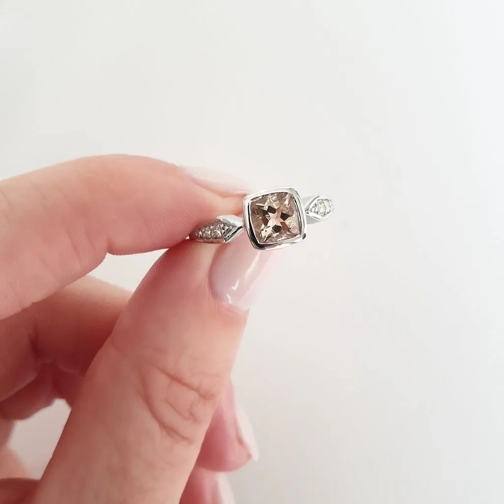 Cushion Cut Morganite Ring Tapered Diamond Shoulders