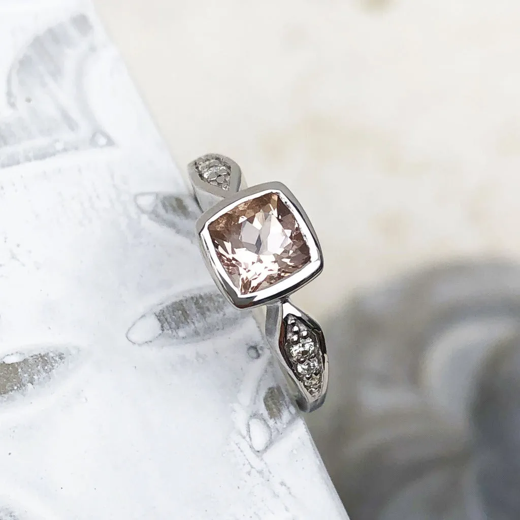 Cushion Cut Morganite Ring Tapered Diamond Shoulders