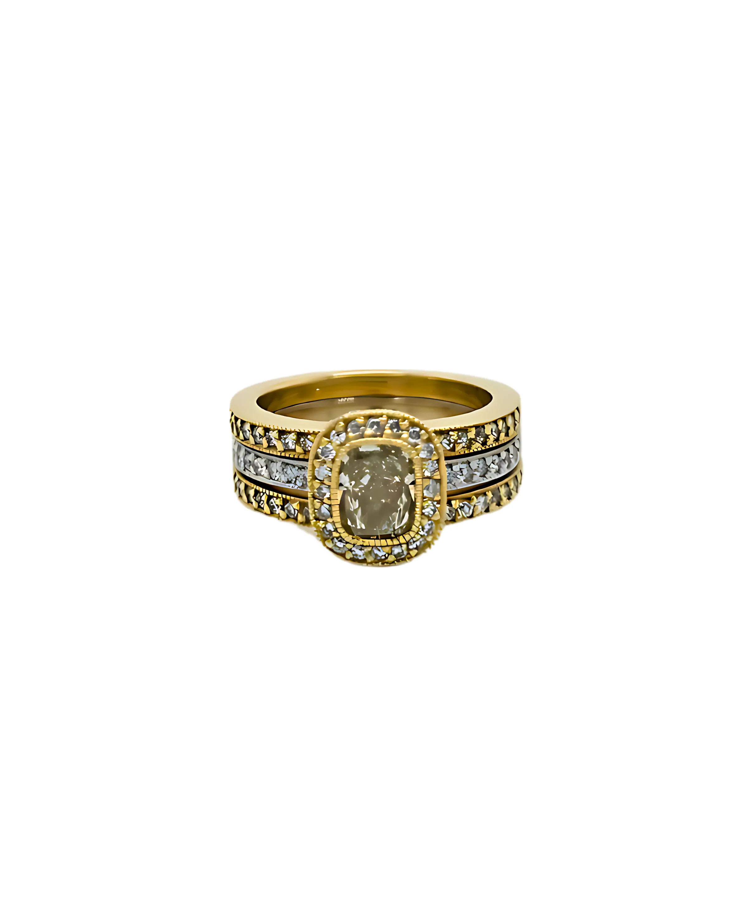 Cushion Halo Yellow Diamond Triple Band Two-toned Ring