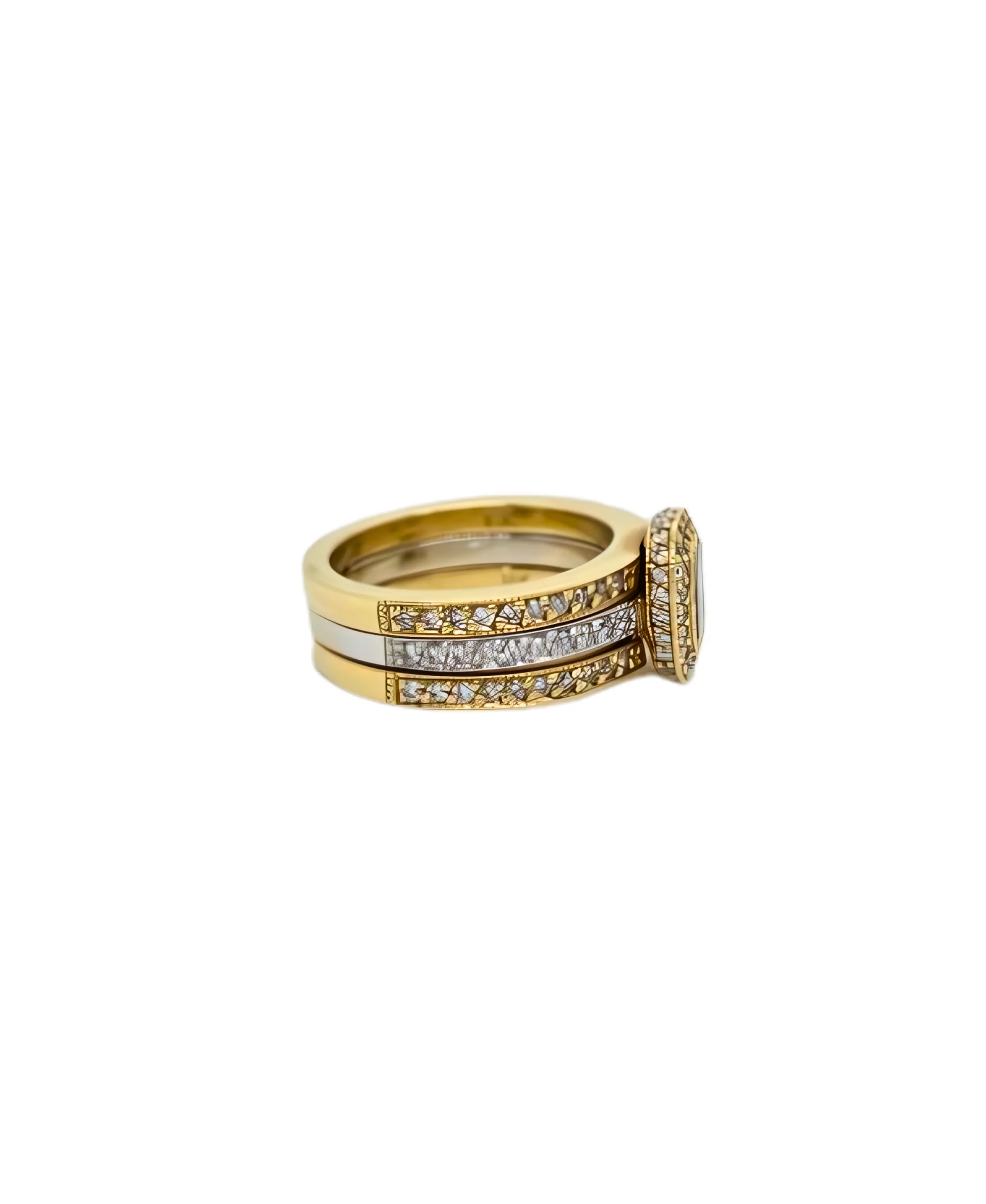 Cushion Halo Yellow Diamond Triple Band Two-toned Ring