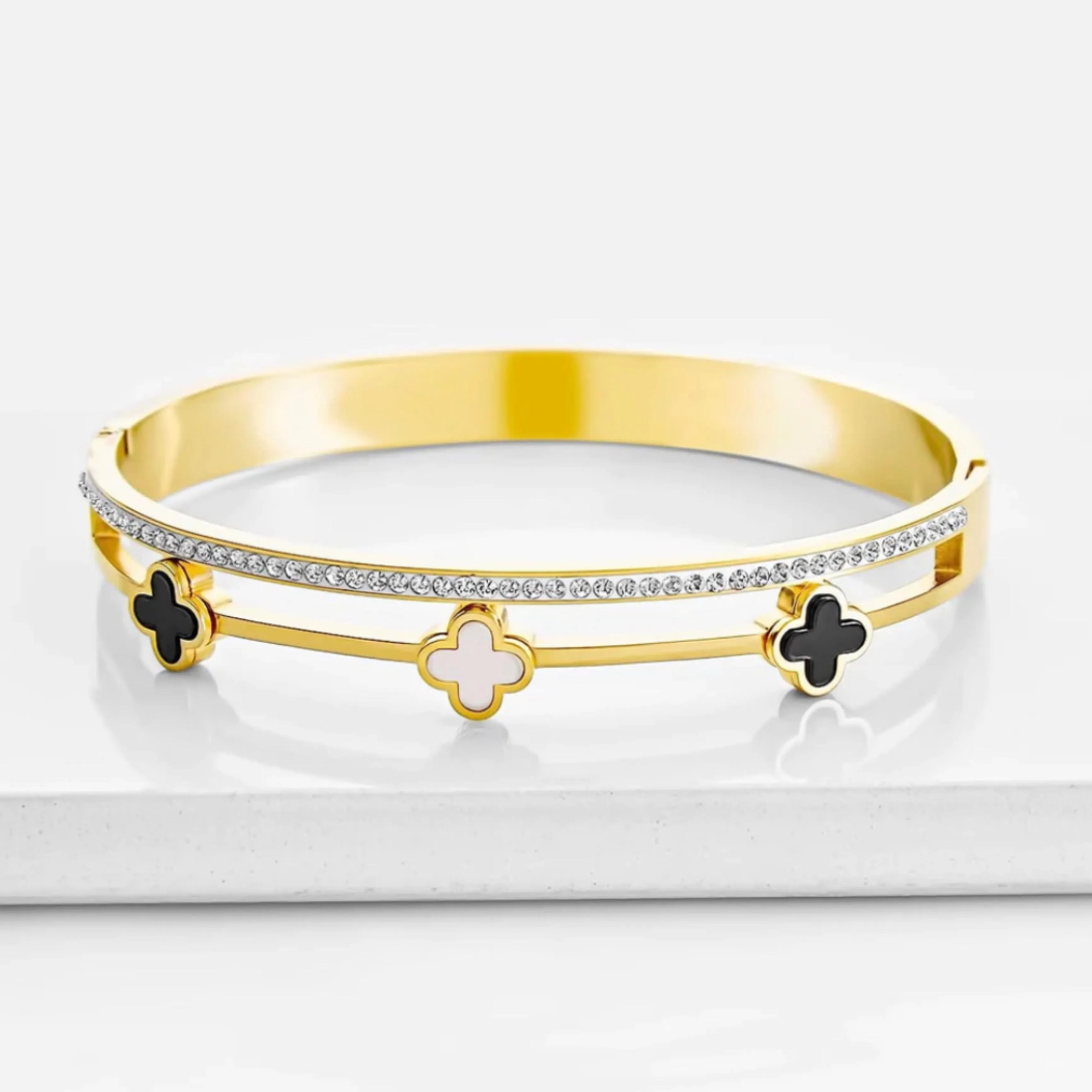 CZ Three Clovers Bangle Bracelet - Gold