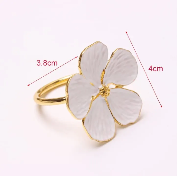 (D) Judaica Gold Cream Flower Napkin Rings Set of 6 White Modern