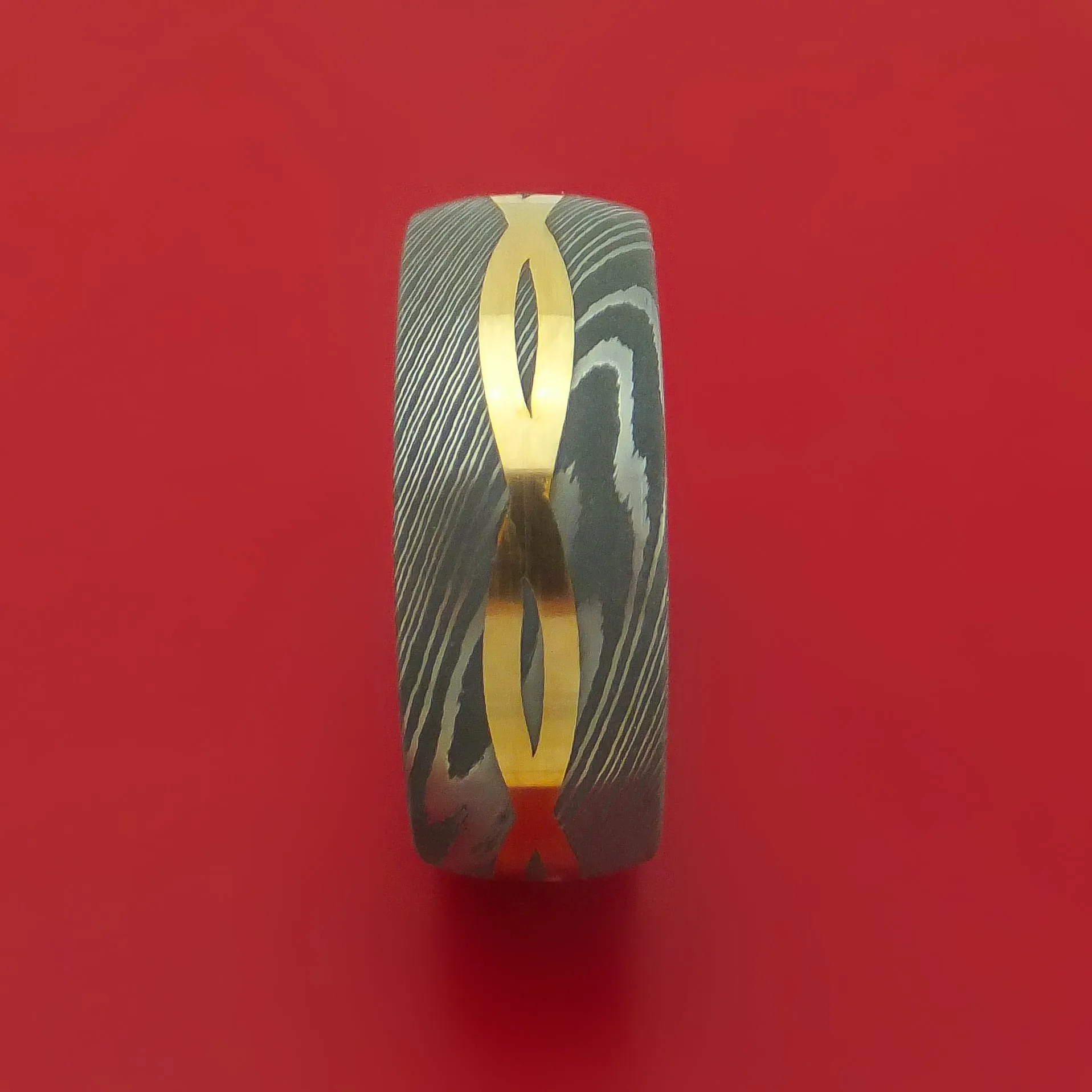 Damascus Steel 14K Yellow Gold Celtic Knot Ring Infinity Design with Sleeve Wedding Band