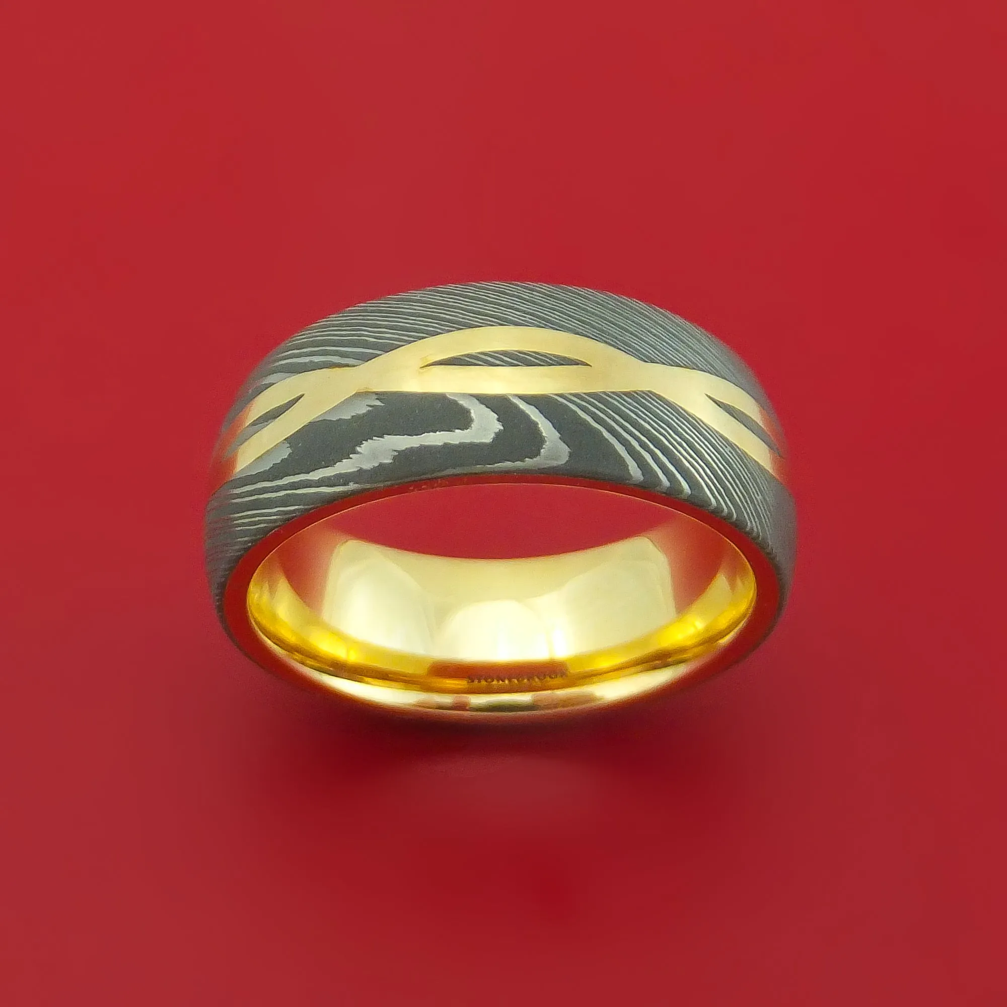 Damascus Steel 14K Yellow Gold Celtic Knot Ring Infinity Design with Sleeve Wedding Band