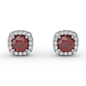 Diamond and Ruby Halo Stud Earrings in 14K White Gold