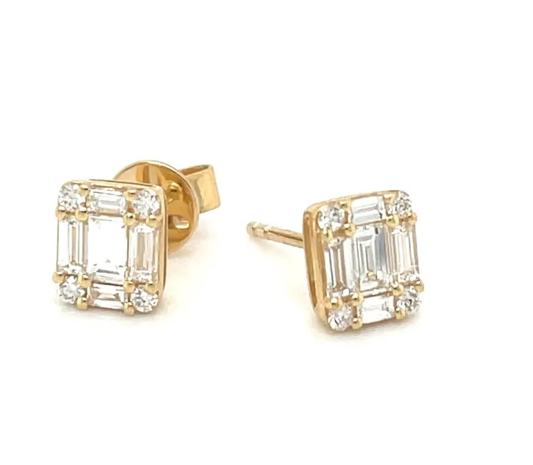 Diamond Baguette and Round Earrings in 18k Yellow Gold, .65 Carats Total