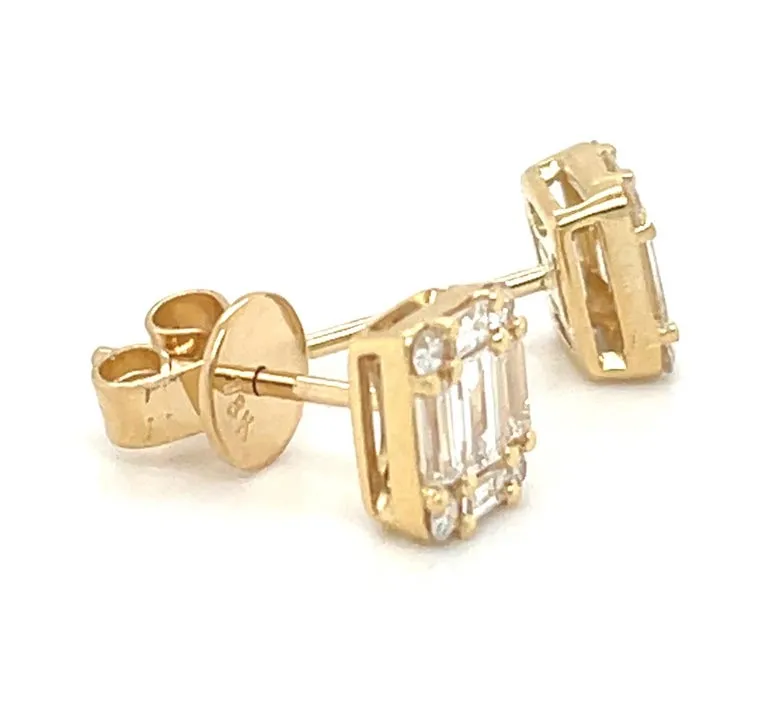 Diamond Baguette and Round Earrings in 18k Yellow Gold, .65 Carats Total