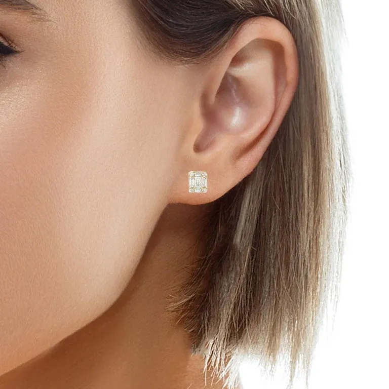Diamond Baguette and Round Earrings in 18k Yellow Gold, .65 Carats Total