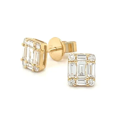 Diamond Baguette and Round Earrings in 18k Yellow Gold, .65 Carats Total