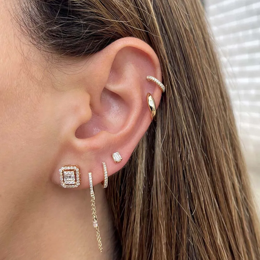 Diamond Baguette Hollow Dome Huggie Earring 14K