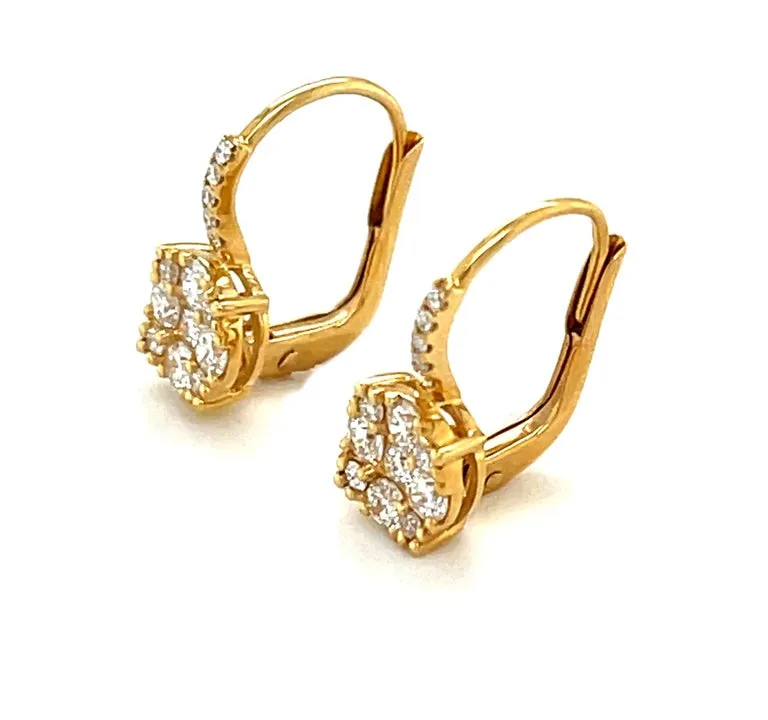 Diamond Cluster Drop Earrings in 18k Yellow Gold with Lever Backs