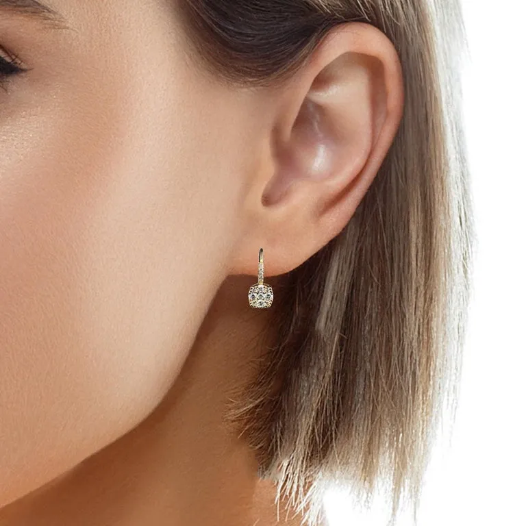 Diamond Cluster Drop Earrings in 18k Yellow Gold with Lever Backs