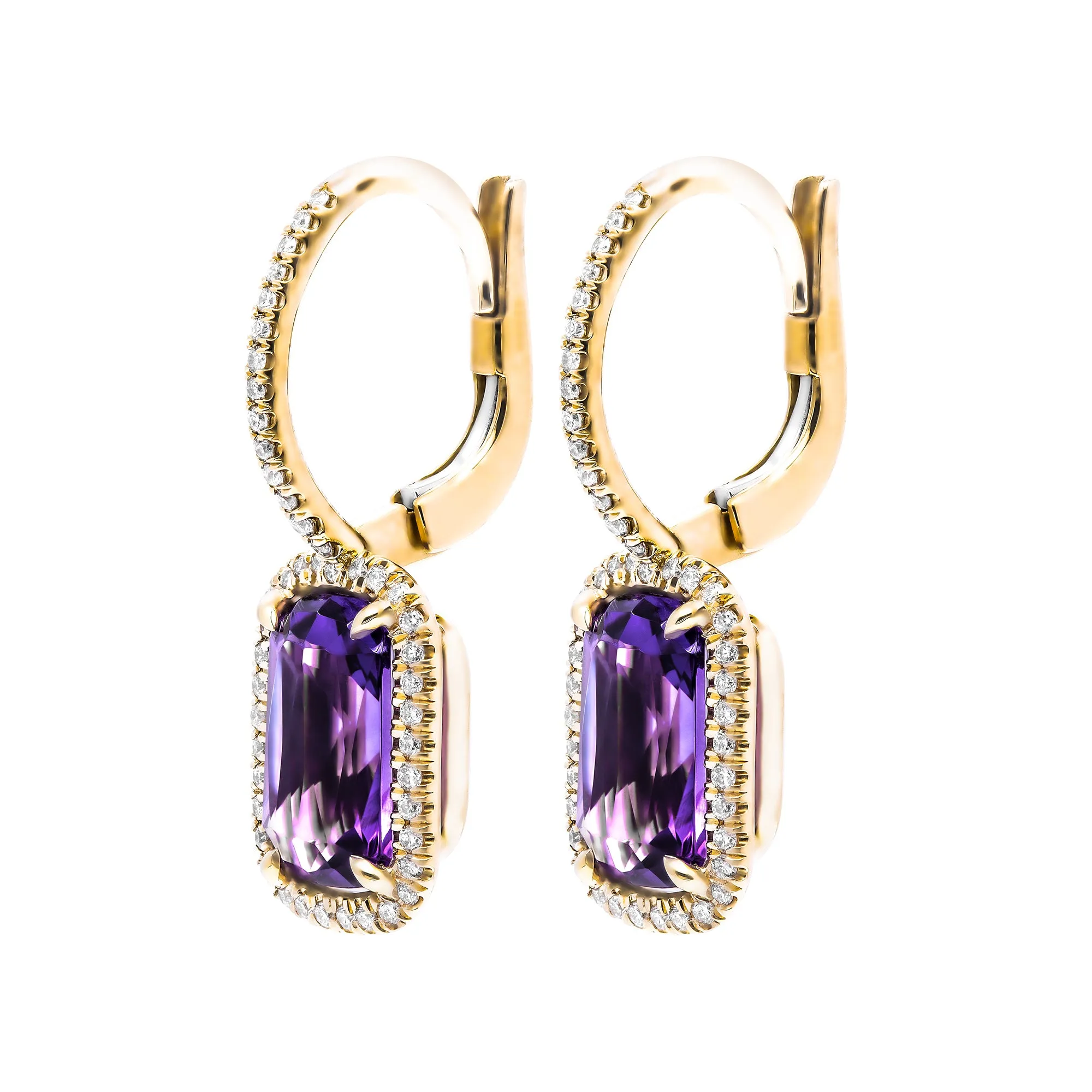Diamond Earrings with Amethyst in 18 Karat Yellow Gold