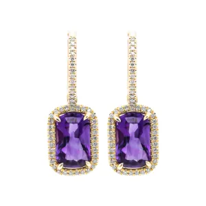 Diamond Earrings with Amethyst in 18 Karat Yellow Gold