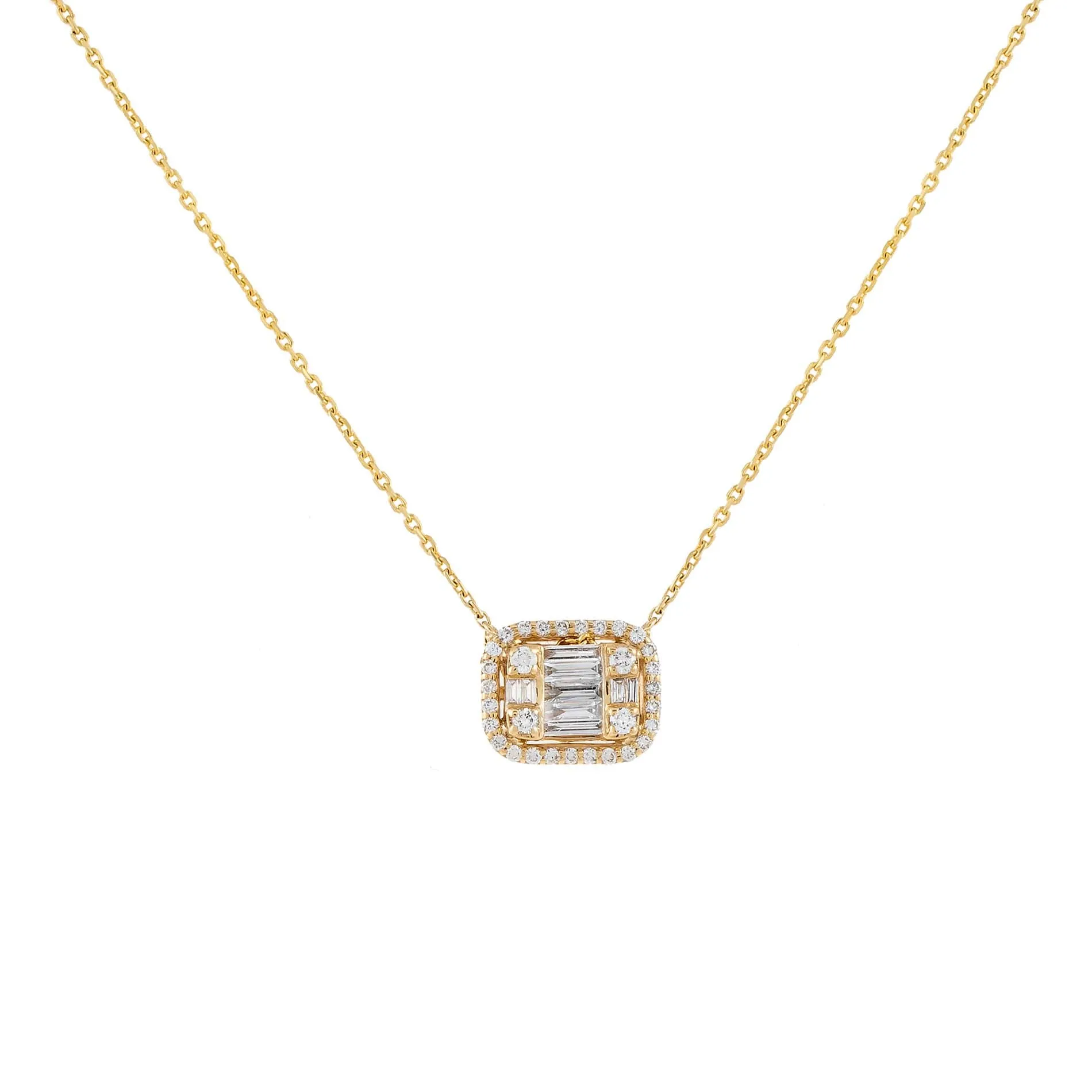 Diamond Halo Baguette Necklace 14K