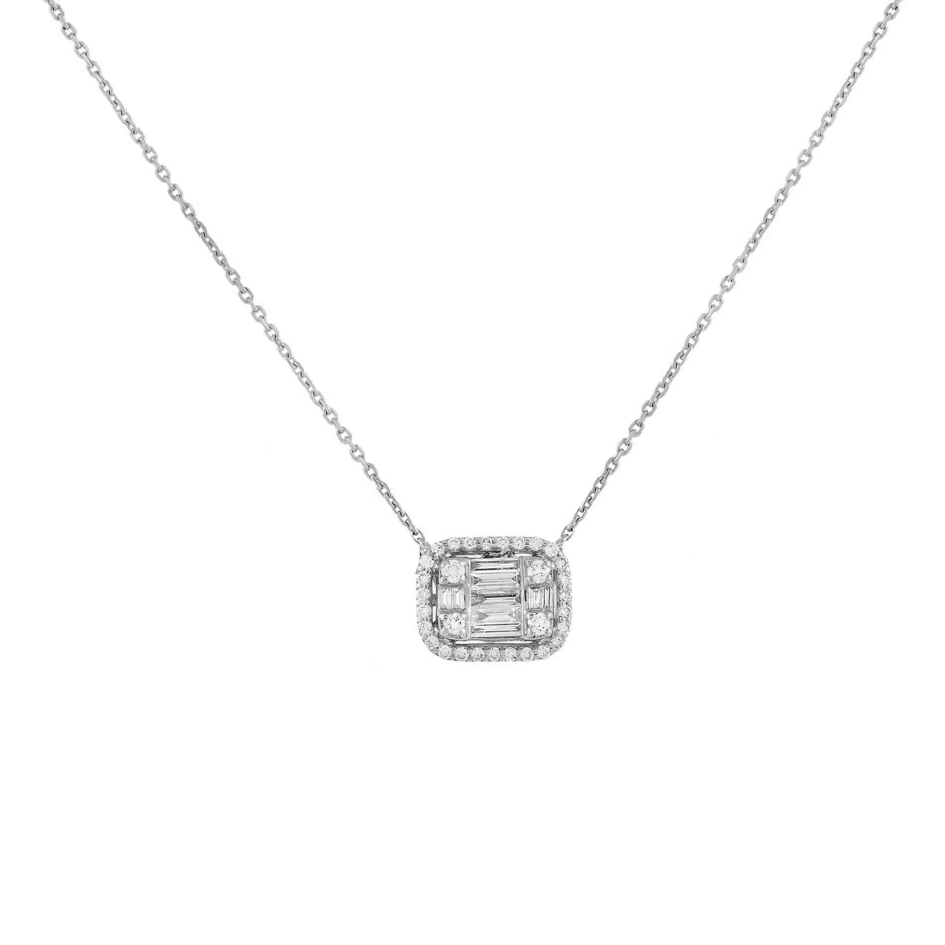 Diamond Halo Baguette Necklace 14K