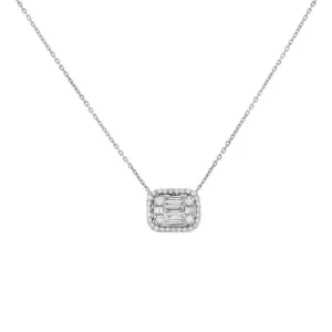 Diamond Halo Baguette Necklace 14K