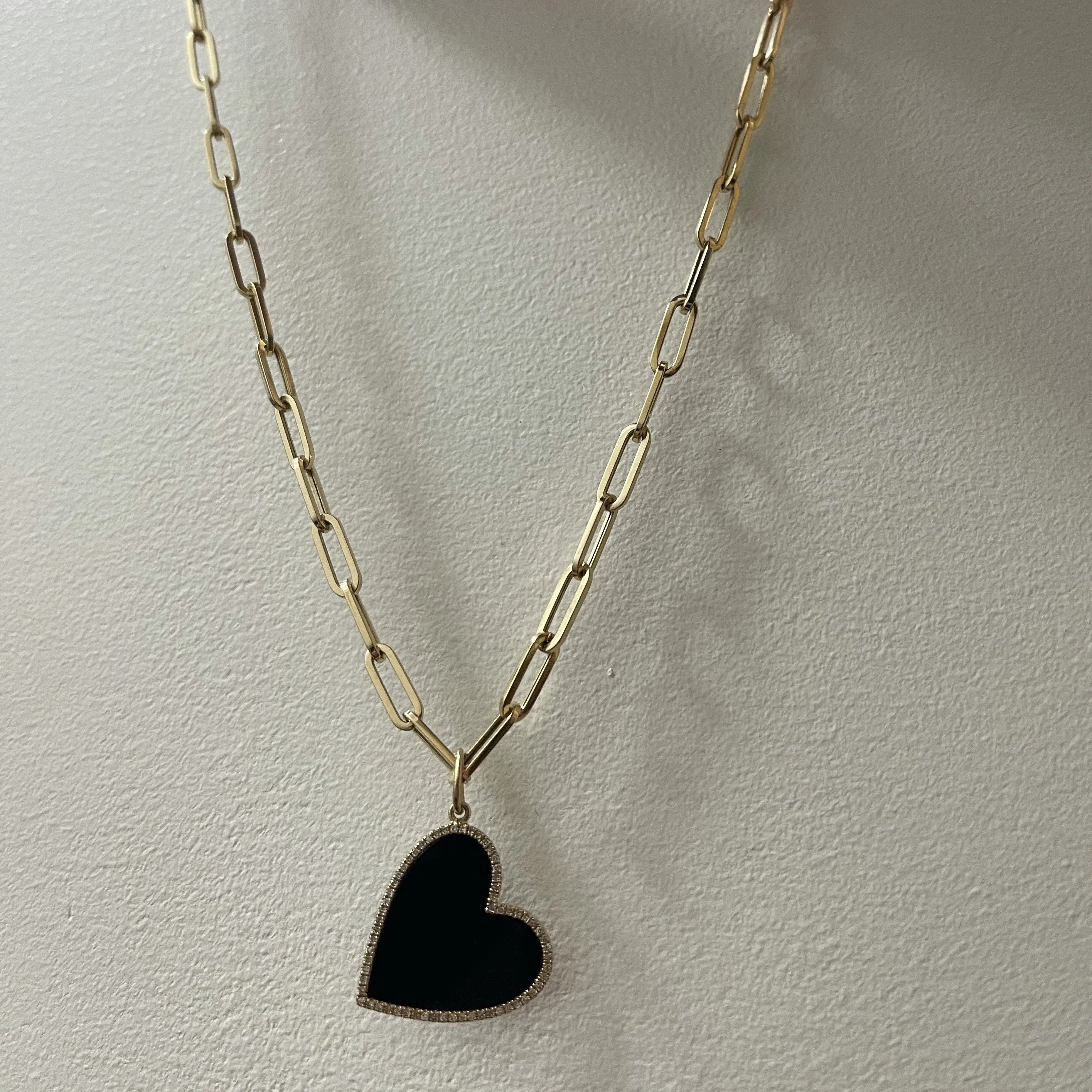 Diamond Onyx Heart Pendant Paperclip Necklace