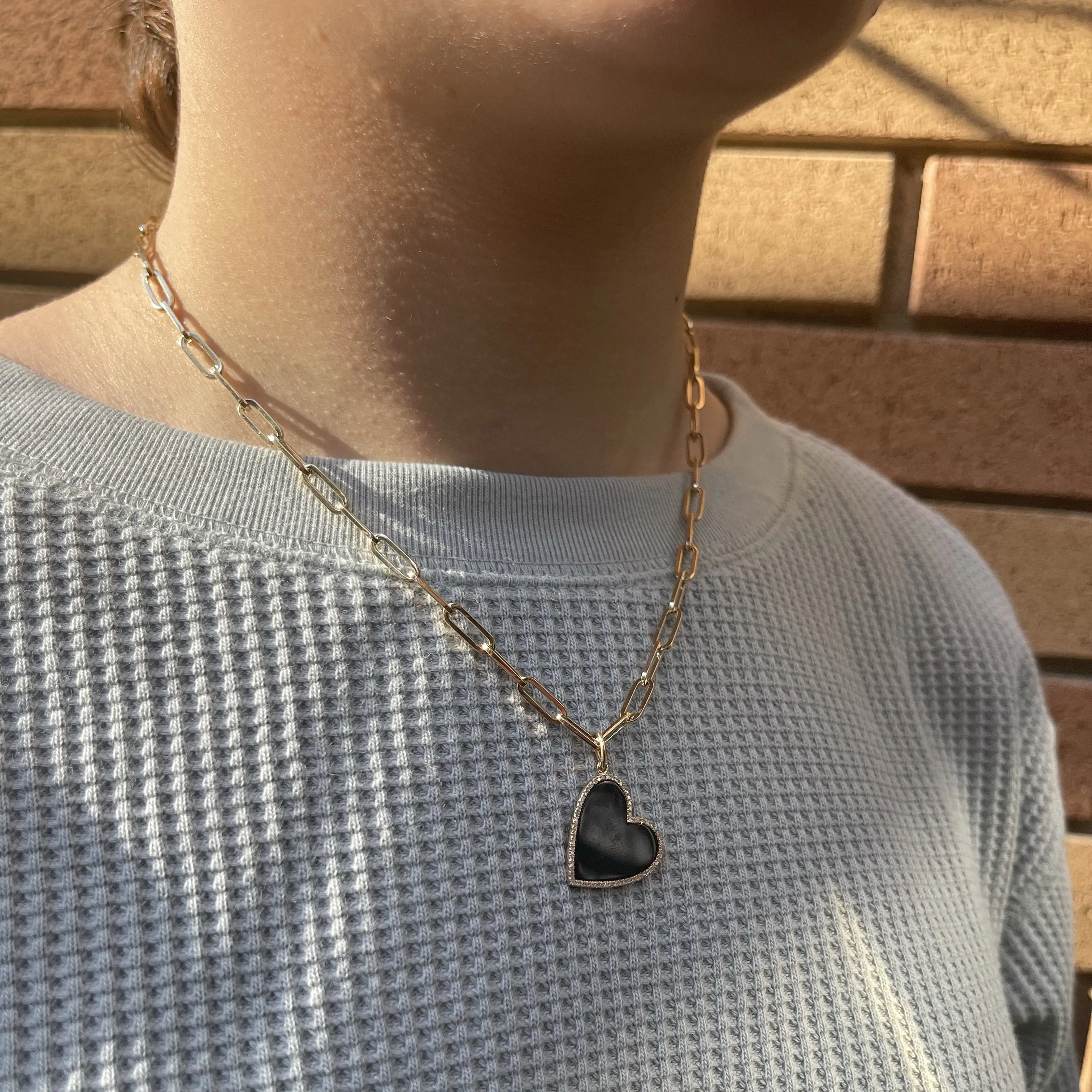 Diamond Onyx Heart Pendant Paperclip Necklace