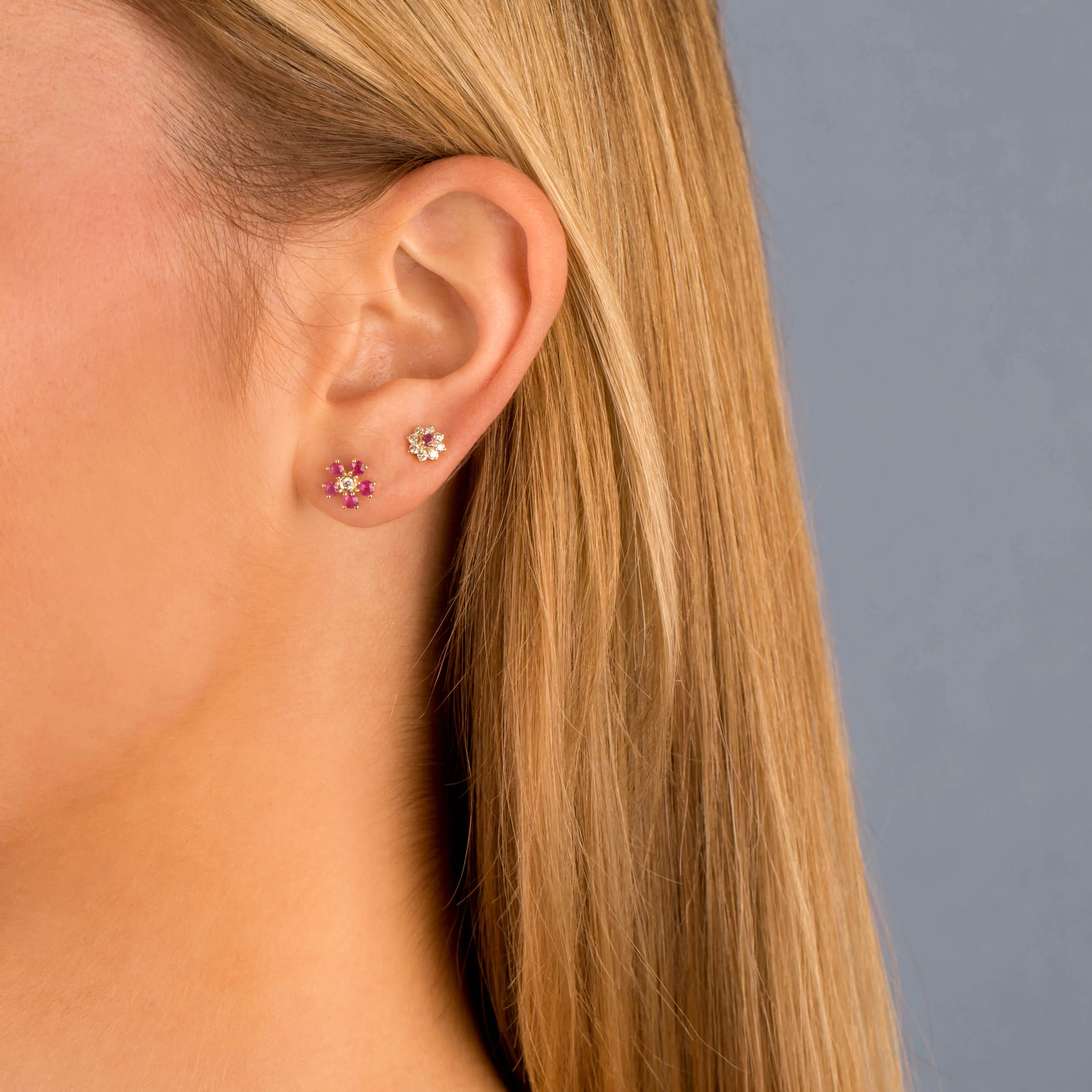 Diamond X Ruby Flower Stud Earring 14K