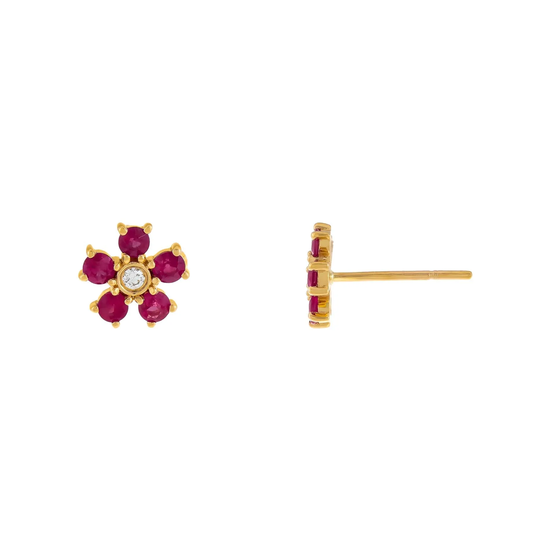 Diamond X Ruby Flower Stud Earring 14K