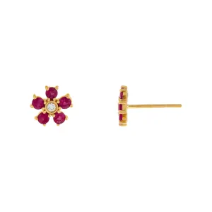 Diamond X Ruby Flower Stud Earring 14K