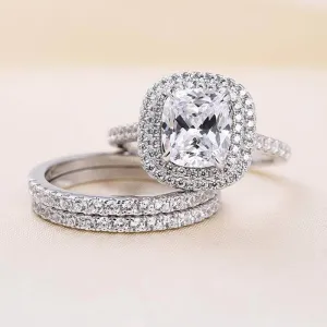 Double Halo Cushion Cut 3-Pieces Wedding Set