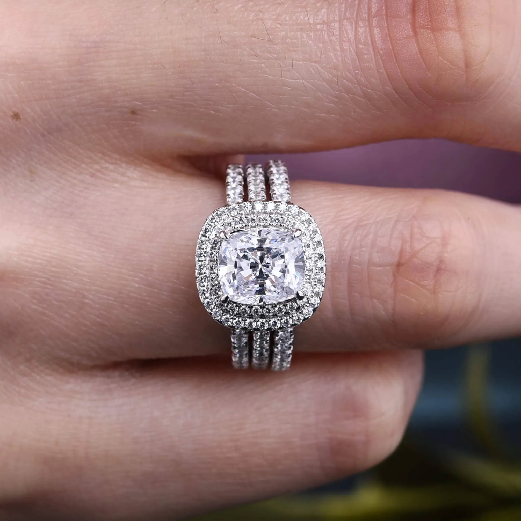 Double Halo Cushion Cut 3-Pieces Wedding Set