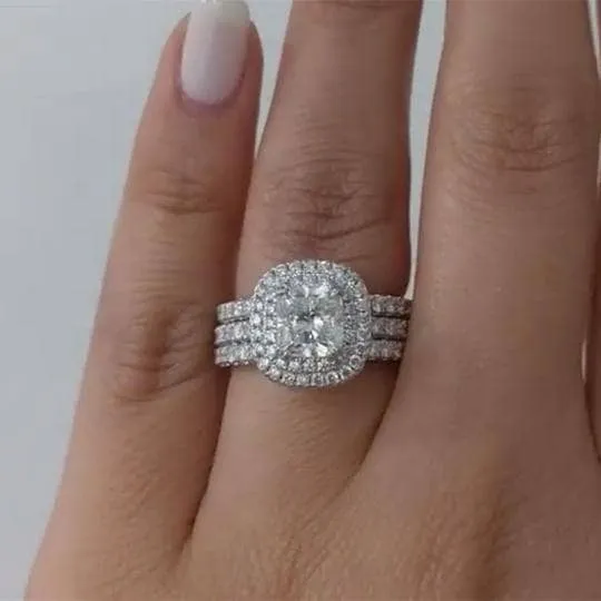 Double Halo Cushion Cut 3-Pieces Wedding Set